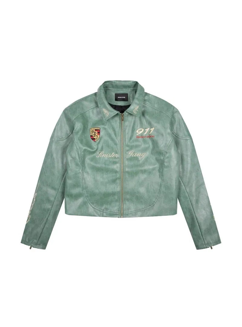 Veste cuir végétal bleu cyan 911 avec broderies racing et zip doré, coupe unisexe