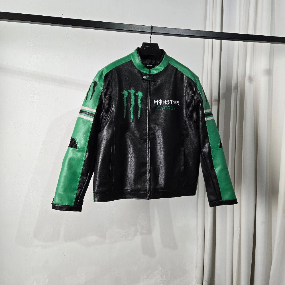 Veste Moto Monster Energy en Cuir Végétal – Édition Black & Green