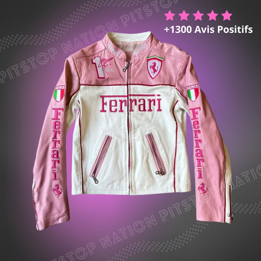 "Pink and white leather racing jacket featuring embroidered Ferrari logos, Italian flag patches, and zippered pockets."