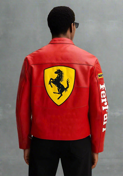 Back of red leather Ferrari jacket showing a massive yellow Ferrari shield logo and white Ferrari lettering on the sleeves.