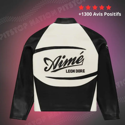Veste en cuir Aimé Leon Dore noire et blanche, blouson style moto rétro unisexe, logo Aimé Leon Dore dos et face, mode streetwear luxe inspirée sport automobile back view.