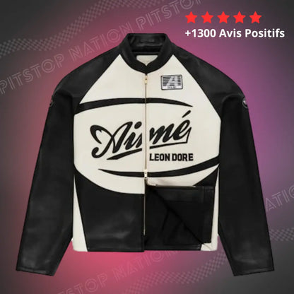 Veste en cuir Aimé Leon Dore noire et blanche, blouson style moto rétro unisexe, logo Aimé Leon Dore dos et face, mode streetwear luxe inspirée sport automobile.