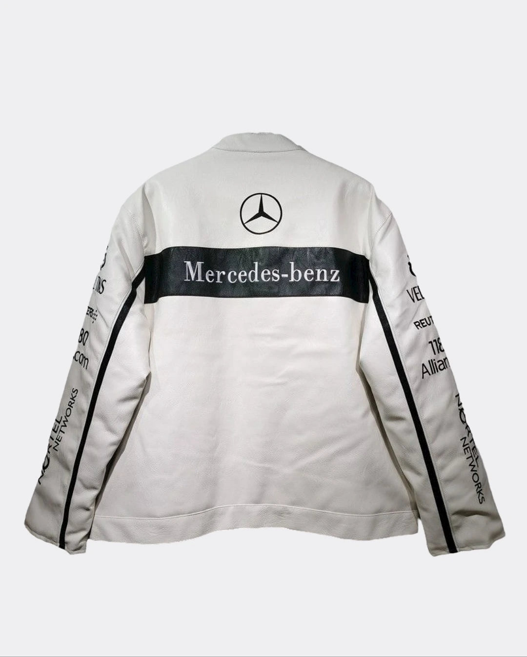 veste cuir Mercedes-benz blanche, logo et bande noire