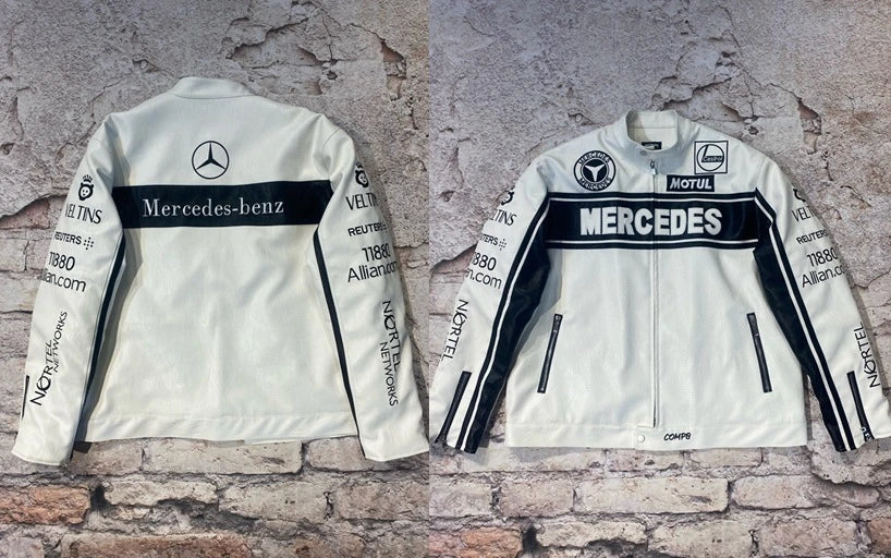 veste cuir Mercedes-Benz, patchs Castrol et Motul, bande “MERCEDES”