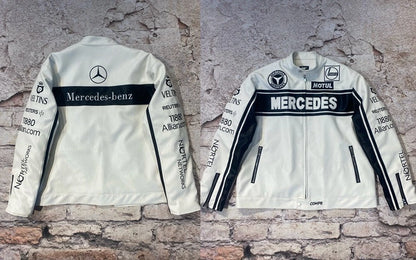 veste cuir Mercedes-Benz, patchs Castrol et Motul, bande “MERCEDES”