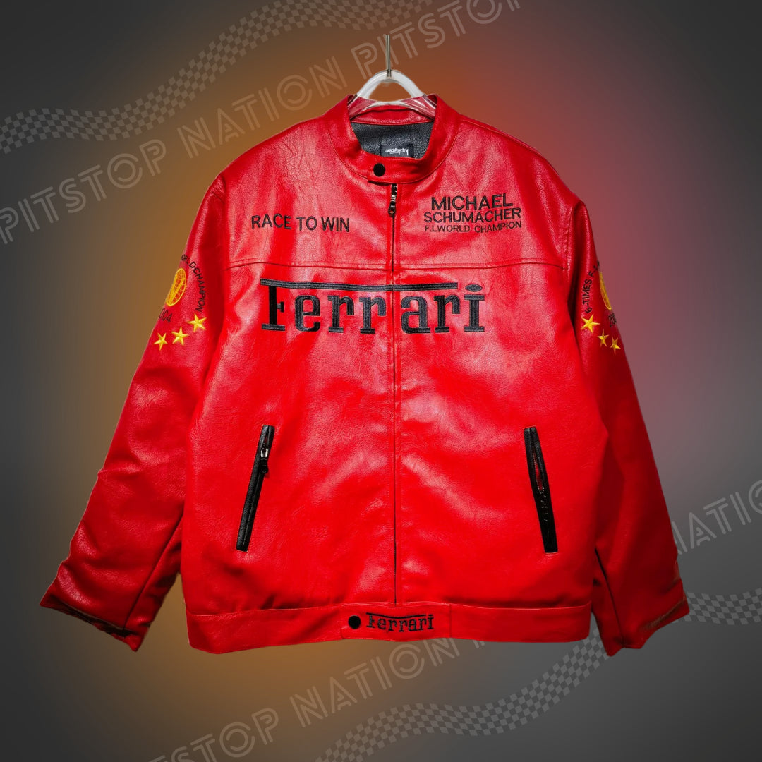 Unisex red leather racing jacket Michael Schumacher edition, featuring 'Race to Win' embroidery and large black Ferrari logo.