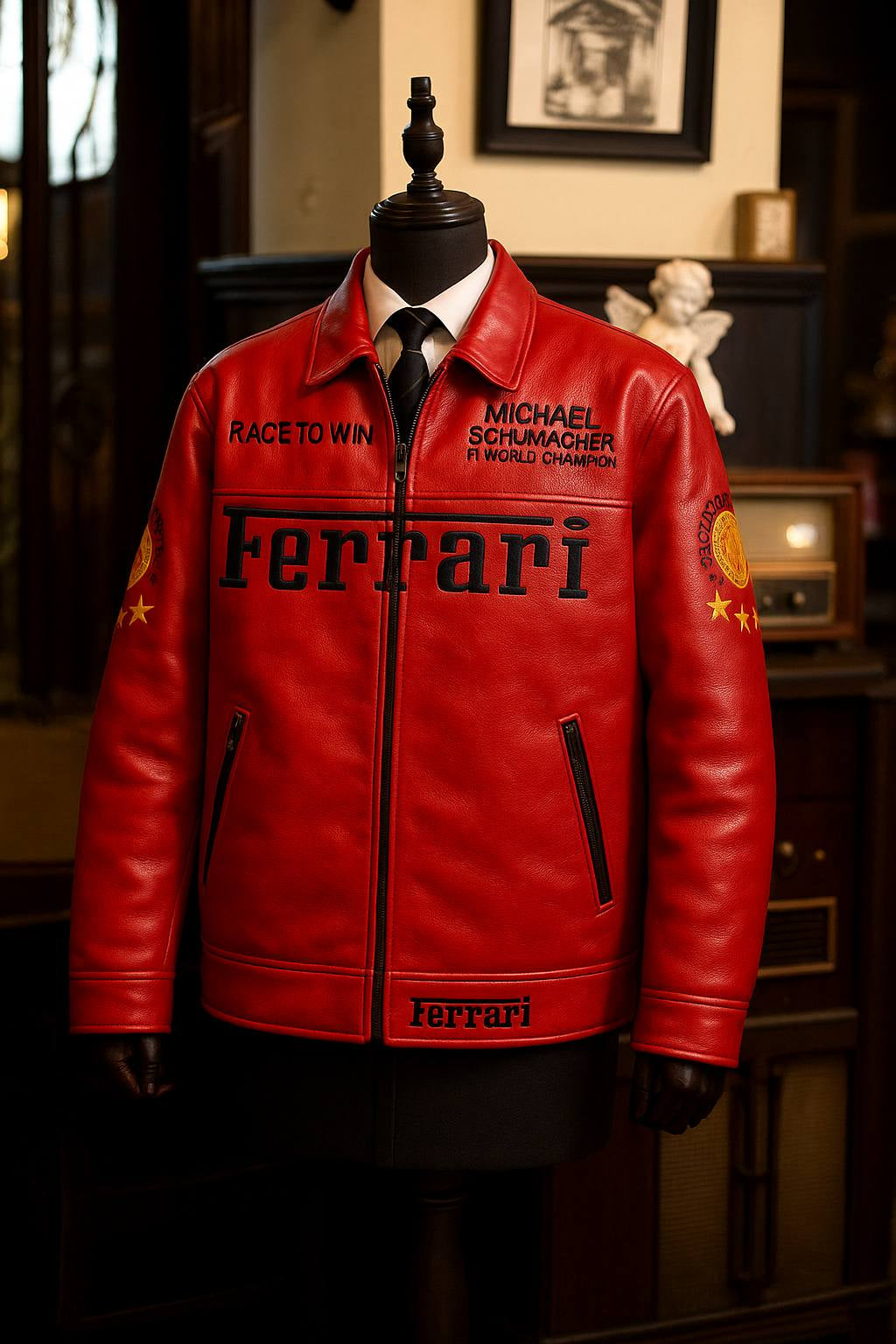 Veste racing rouge style pilote, zip frontal, poches zippées et broderies, unisexe