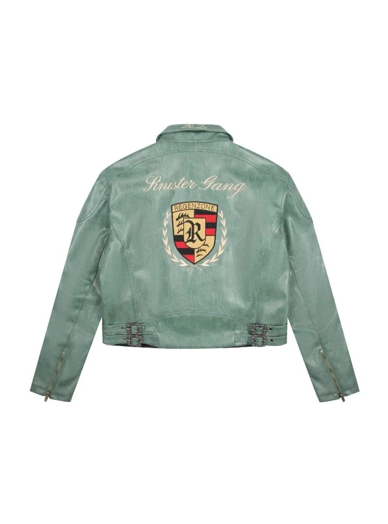 Dos de la veste cuir végétal bleu cyan 911, broderies premium et patch racing