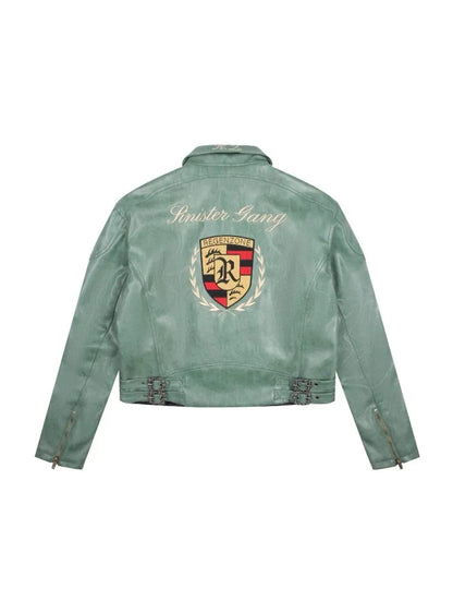 Dos de la veste cuir végétal bleu cyan 911, broderies premium et patch racing