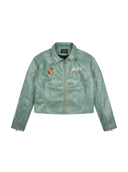 Veste cuir végétal bleu cyan 911 avec broderies racing et zip doré, coupe unisexe