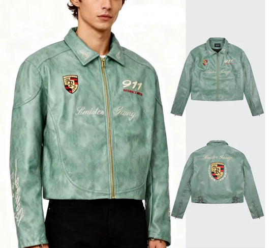 Veste en cuir végétal bleu cyan 911 unisexe, style streetwear et biker, broderies racing sur le devant