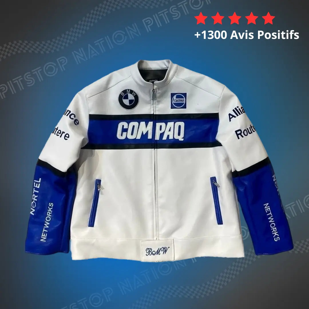 White and blue vegan leather racing jacket featuring BMW Williams F1 styling, large Compaq chest logo, Castrol patch, and blue sleeves with Nortel branding.