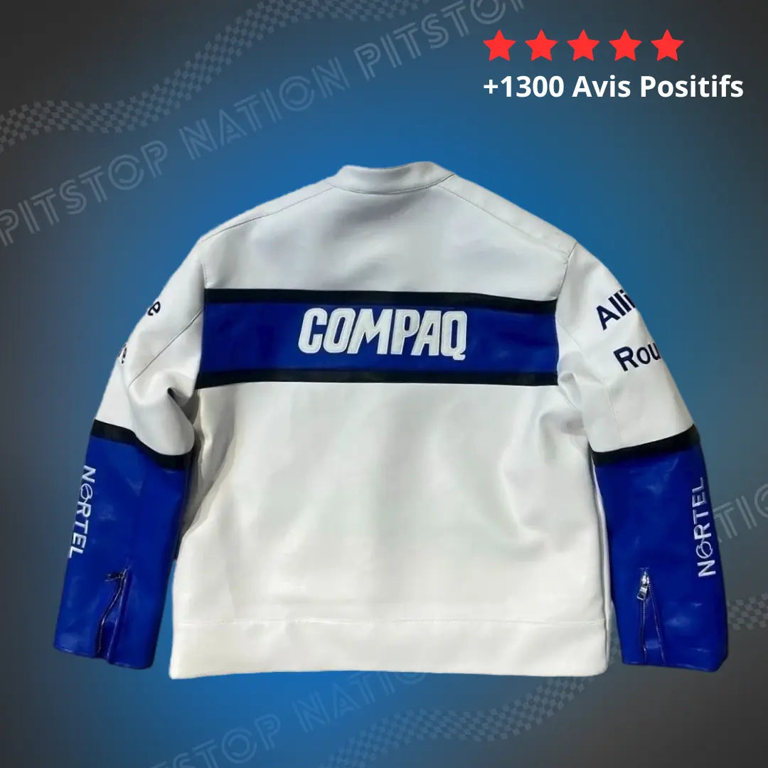 White and blue vegan leather racing jacket featuring BMW Williams F1 styling, large Compaq chest logo, Castrol patch, and blue sleeves with Nortel branding,back view.