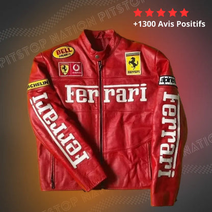 Red leather Ferrari racing jacket front view, featuring Vodafone logo, Bell Helmets patch, and large white Ferrari text across the chest.