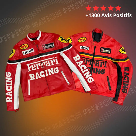Unisex red,white and red,black leather racing jacket with large Ferrari Racing text, Chesterfield and Bell Helmets patches, and white racing stripes on sleeves.