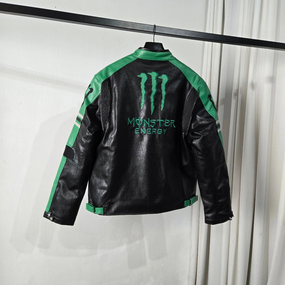 Back view of black and green vegan leather jacket featuring large embroidered green Monster Energy claw logo and text.