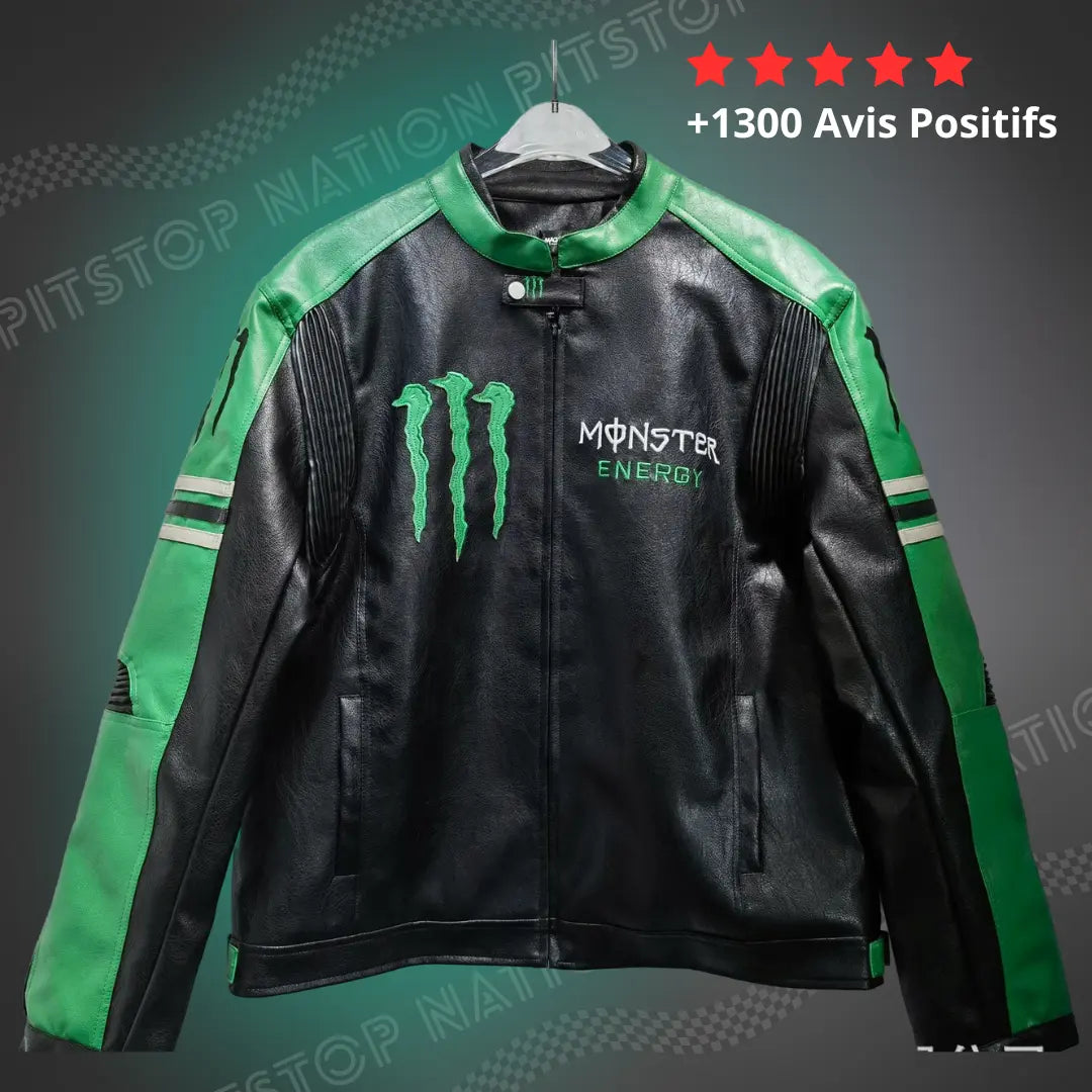 Front view of Monster Energy racing jacket in vegan leather, with green claw logo and text on the chest and ribbed shoulder details