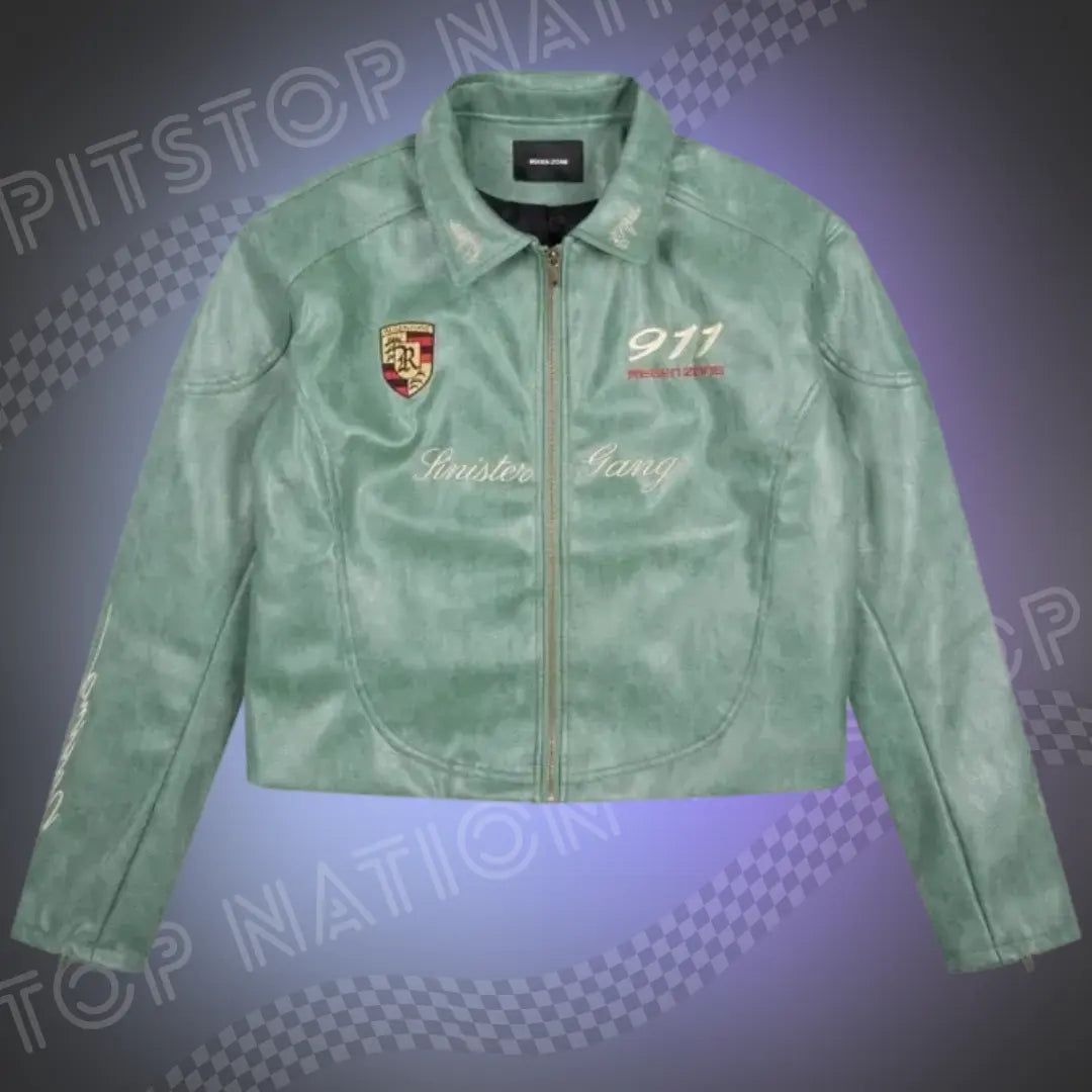 Men's and women's unisex faux leather racing jacket, Porsche 911 turbo style in sage green with zip closure and vintage collar.